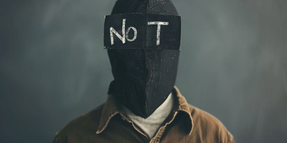 This shows a person with a blindfold that says Not.