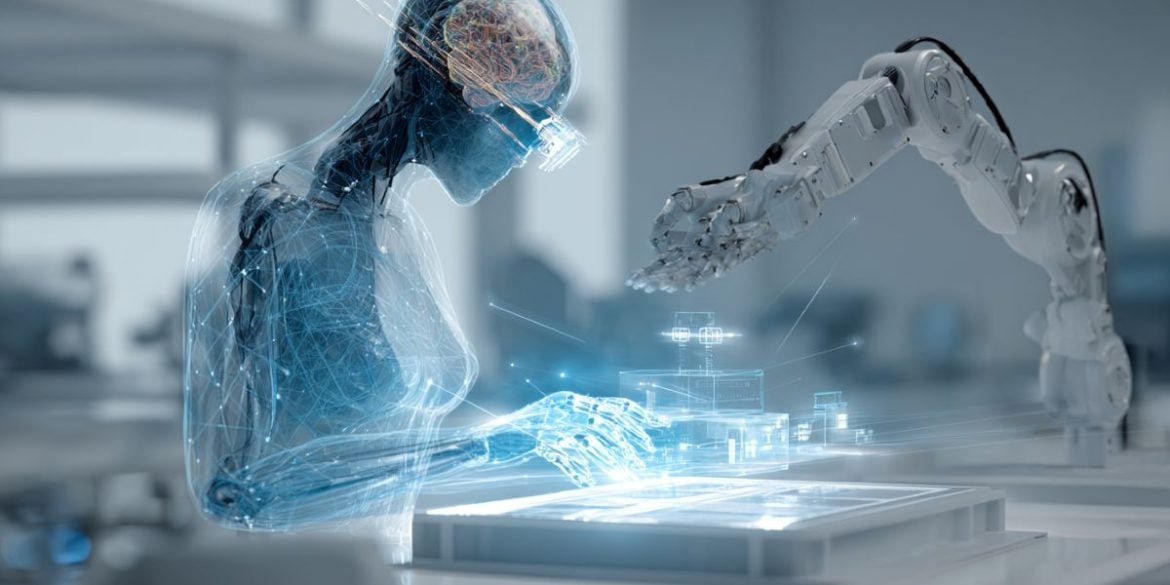 This shows the outline of a person with a glowing brain and a robotic arm.