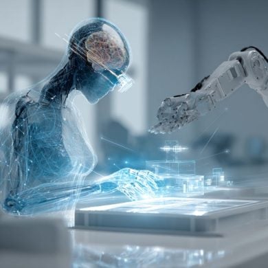 This shows the outline of a person with a glowing brain and a robotic arm.