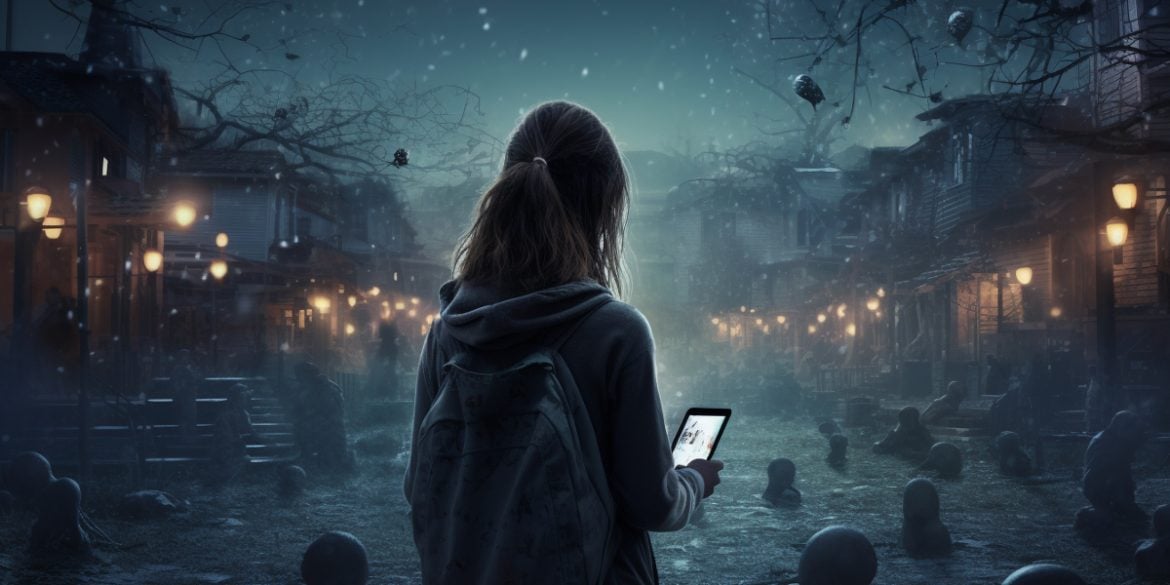 This shows a girl with a cell in a graveyard.