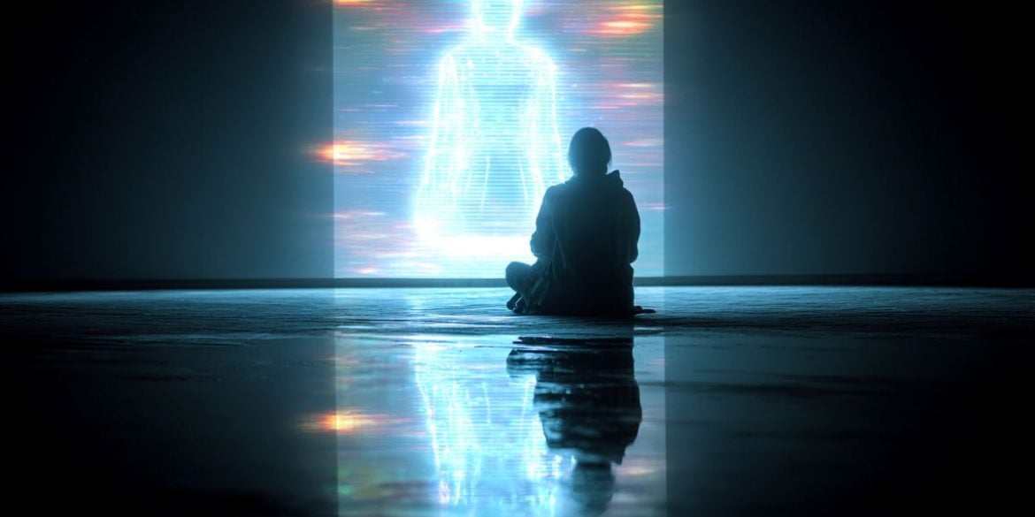 This shows a person looking into a void and a hologram.