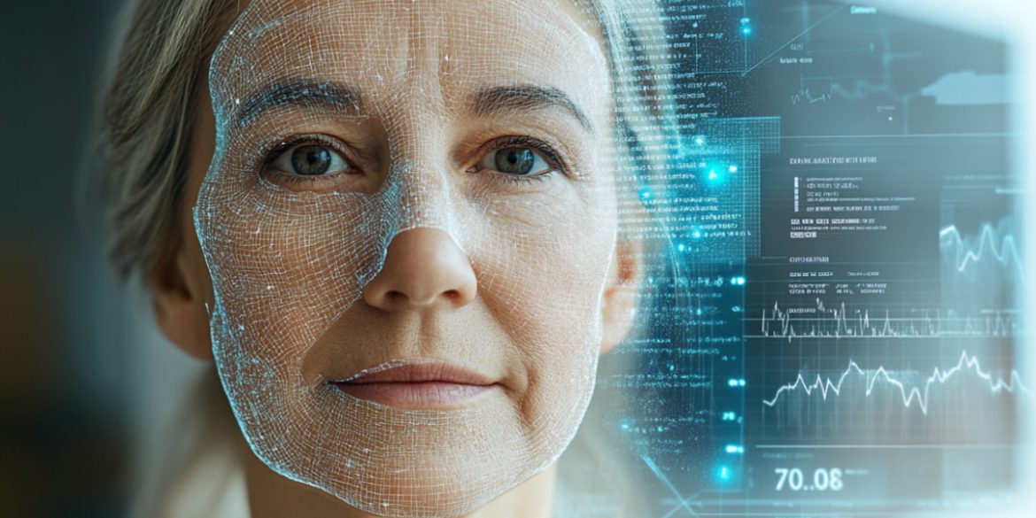 This shows a woman's face with a digital overlay.