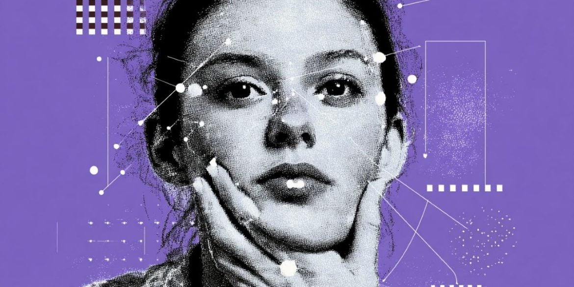 This shows a woman's face and network lines.