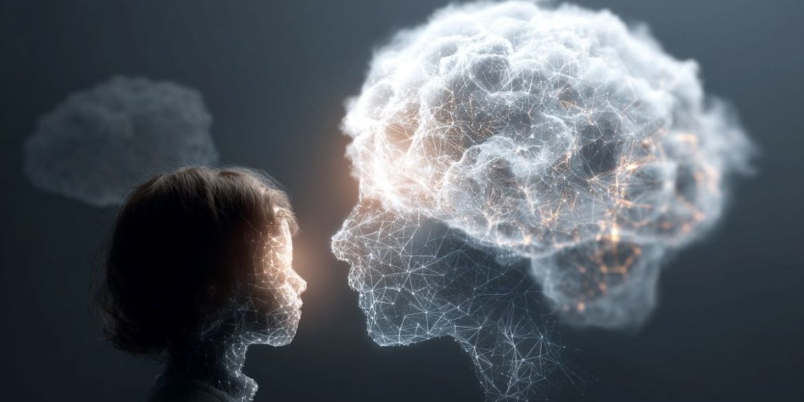 This shows a person looking at a cloud covered, digital head, symbolizing a human connection with AI chatbots.