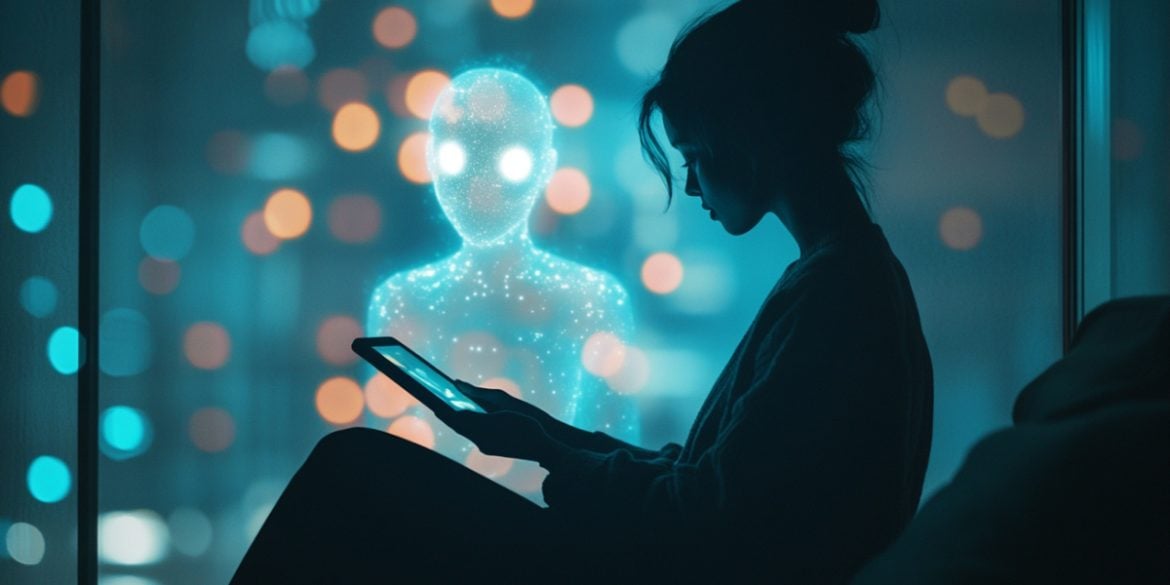 This shows a woman on a tablet and an AI face.
