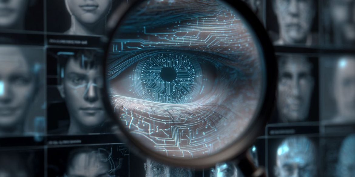 This shows a digital eye looking at AI generated faces.