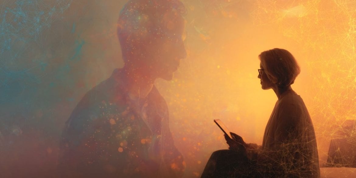 This shows a therapist and an AI head.