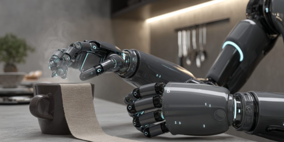 This shows a sleek robotic hand and a cup of coffee.
