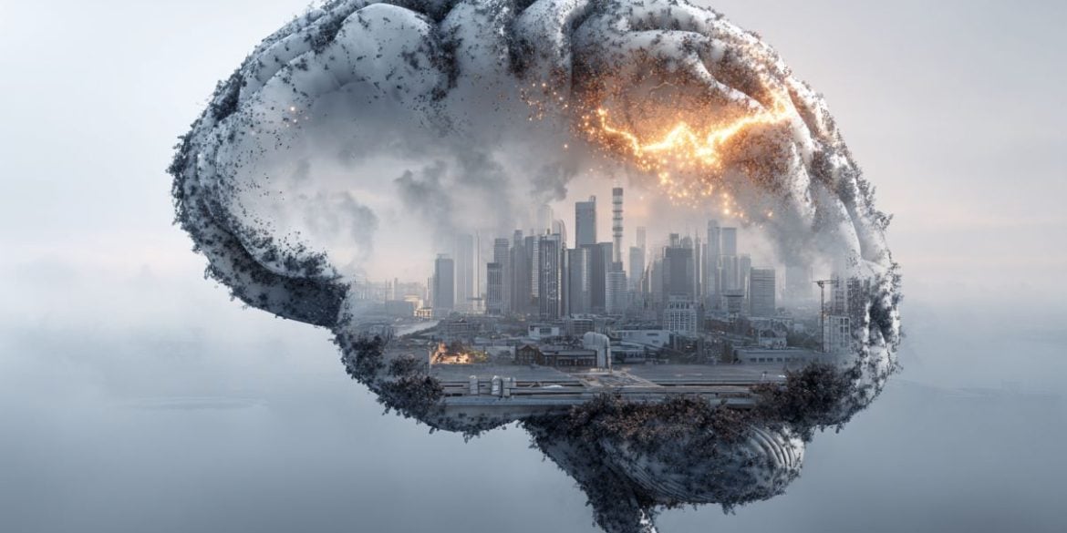 This shows the outline of a brain with industrial, smoggy buildings in the background, implying the link between air pollution and Alzheimer's disease.