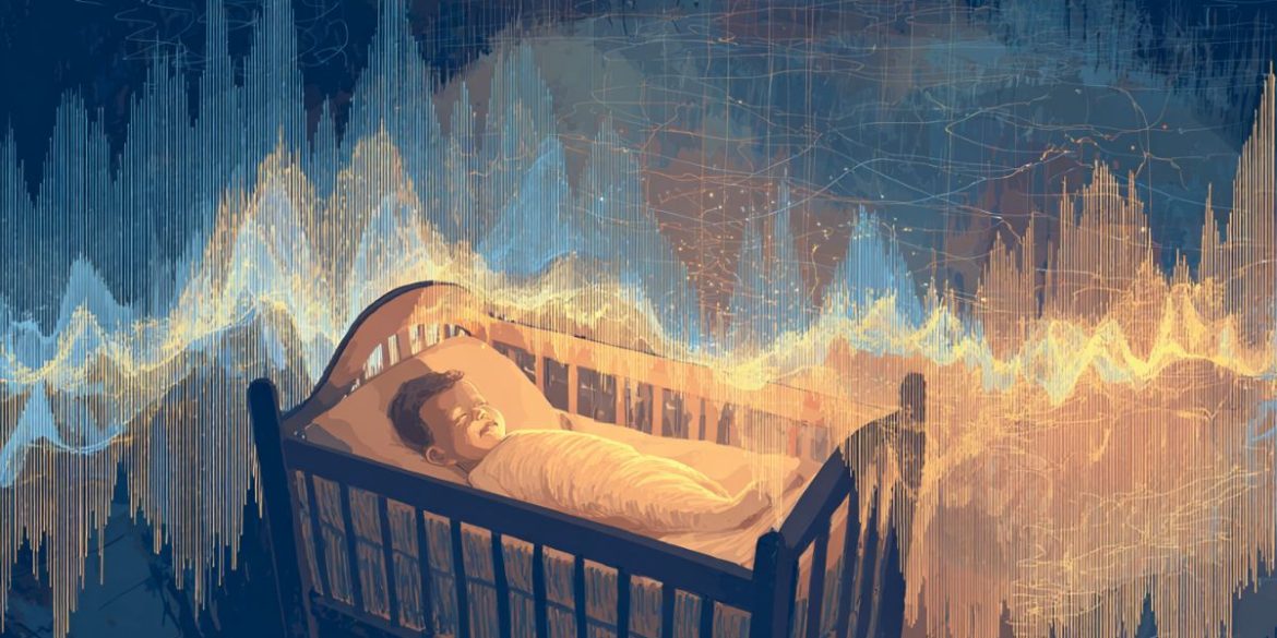 This shows a baby sleeping in a cot. Surrounding the cot is waves and muted light colors, symbolizing sensory stimulation.