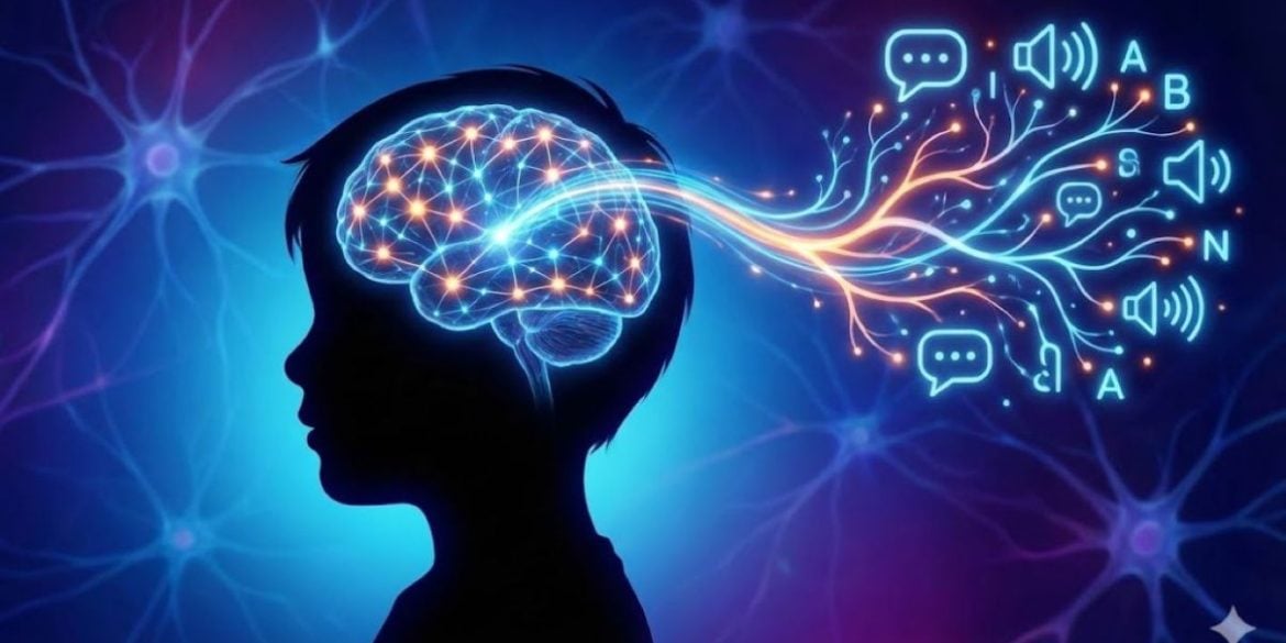 A conceptual illustration of a child's silhouette in profile. The brain is illuminated with glowing neural networks that extend outward, transforming into symbols of communication such as speech bubbles, sound waves, and letters, representing language acquisition in autism.
