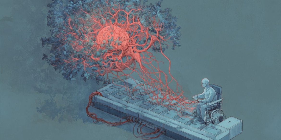 This shows a brain, a keyboard and a man in a wheelchair.