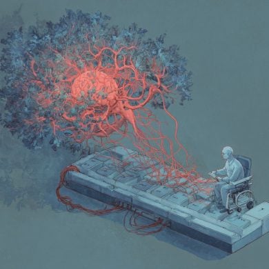 This shows a brain, a keyboard and a man in a wheelchair.