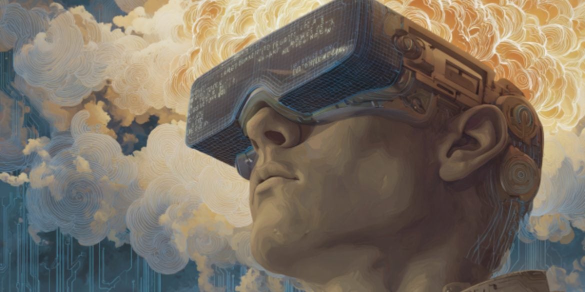 This shows a man in a neurotech headset covered in words, implying this tech can interpret inner speech.