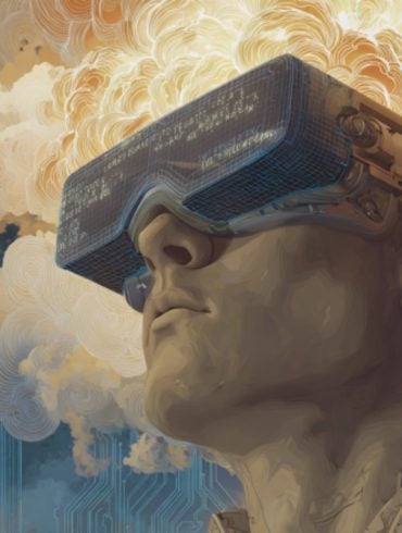 This shows a man in a neurotech headset covered in words, implying this tech can interpret inner speech.