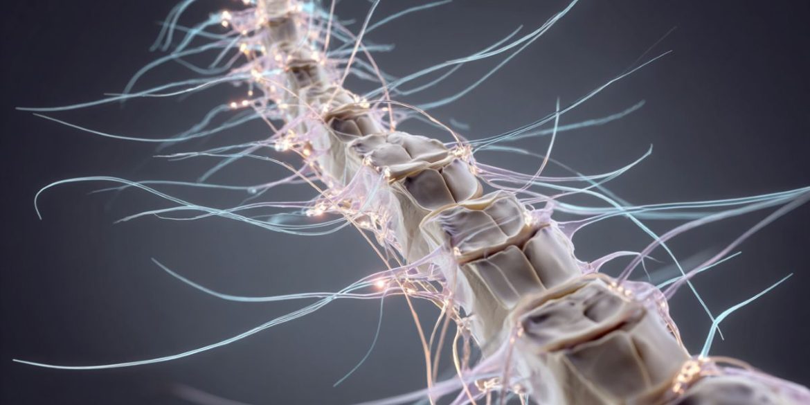 This shows a spine with wires, like neurons, coming out of it.