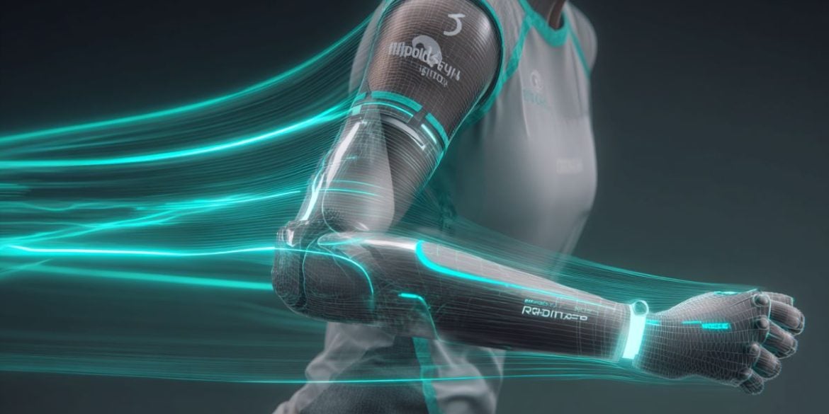 This shows a woman with a robotic arm. Behind her are blue lines, representing speed of movement of the arm.