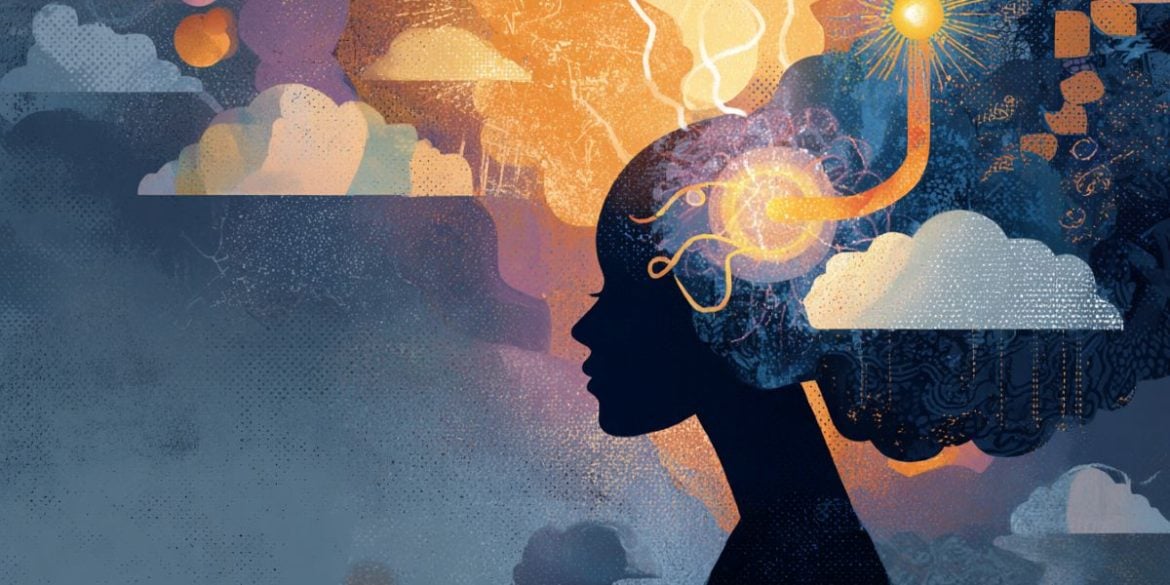 This shows the outline of a woman, pills, and "negative memories" flowing from her head.