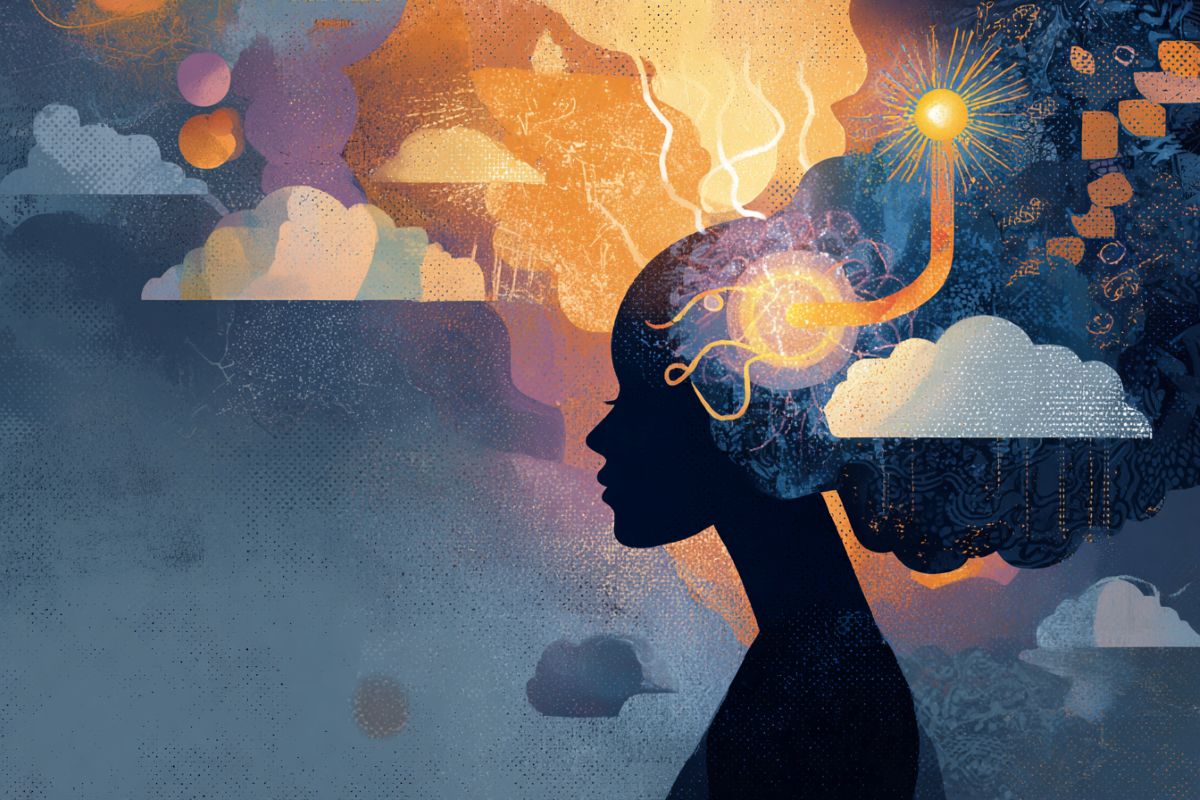 This shows the outline of a woman, pills, and "negative memories" flowing from her head.