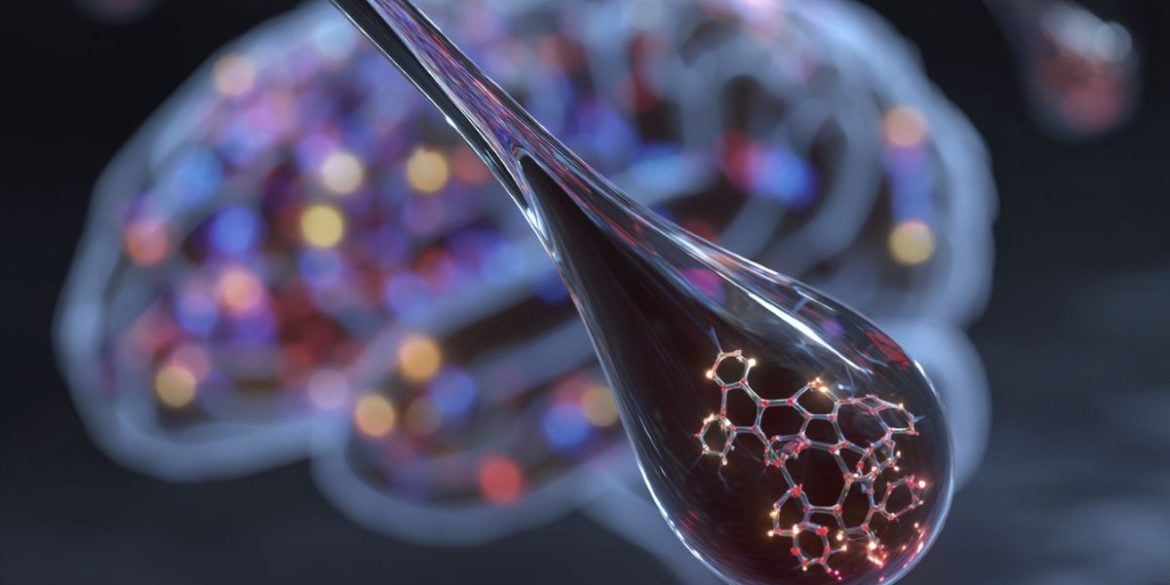 This shows a blood drop with a molecule inside it. Behind is a colorful brain.