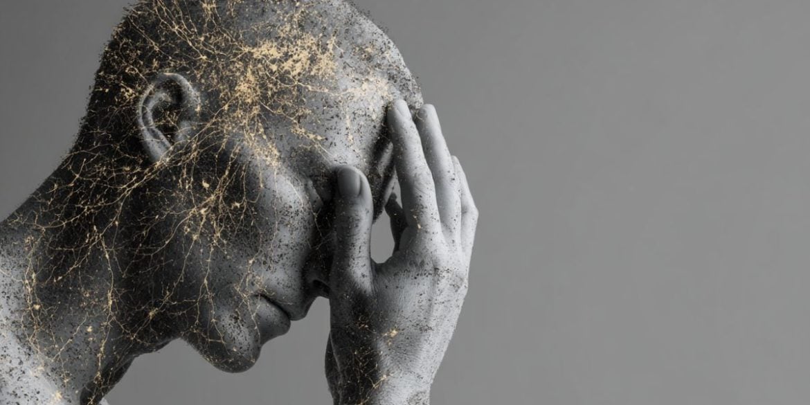 This shows a statue of a person holding their head. Neurons are overlayed.