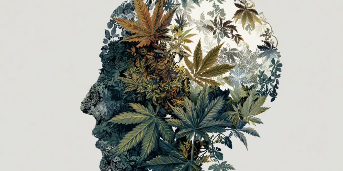 This illustration shows a head made up of cannabis leaves, implying the affect of cannabis on the aging brain.