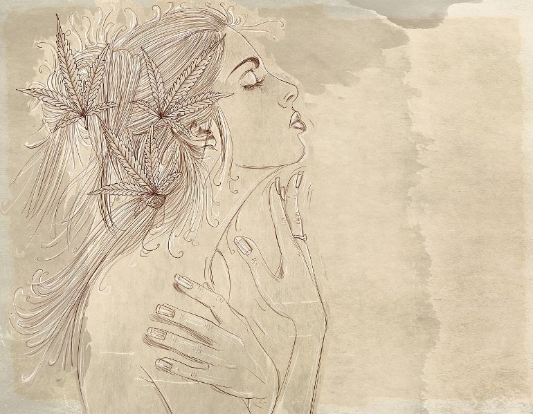 This shows a drawing of a woman with cannabis leaves in her hair