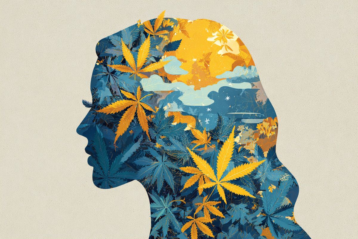 This shows the outline of a person's head filled with cannabis leaves.