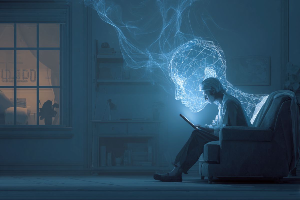 This shows a digital head and a person using a tablet in a dark room.