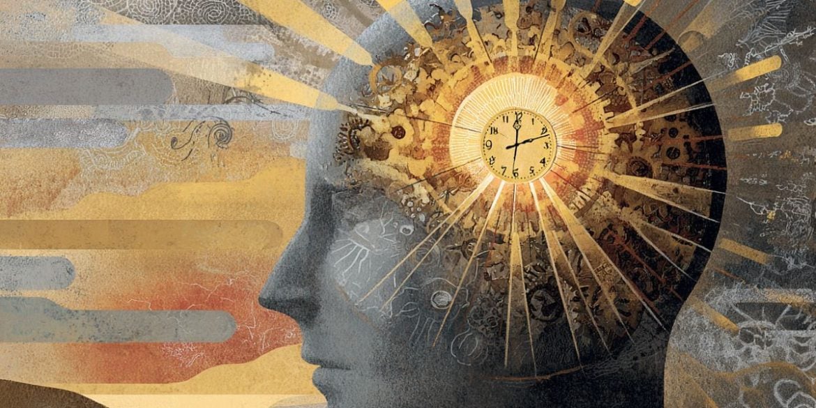 This shows the outline of a head and a clock.