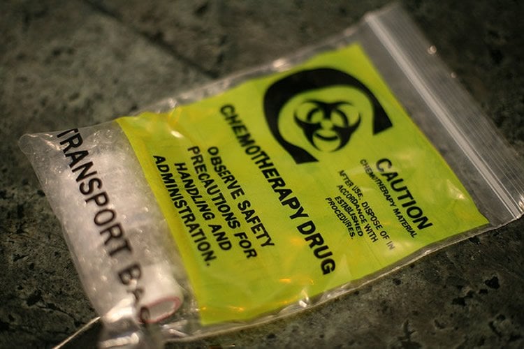 Image shows an IV bag for chemotherapy.