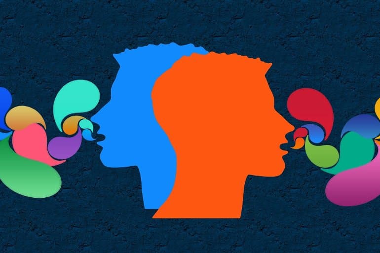 This shows the outline of a head and speech bubbles