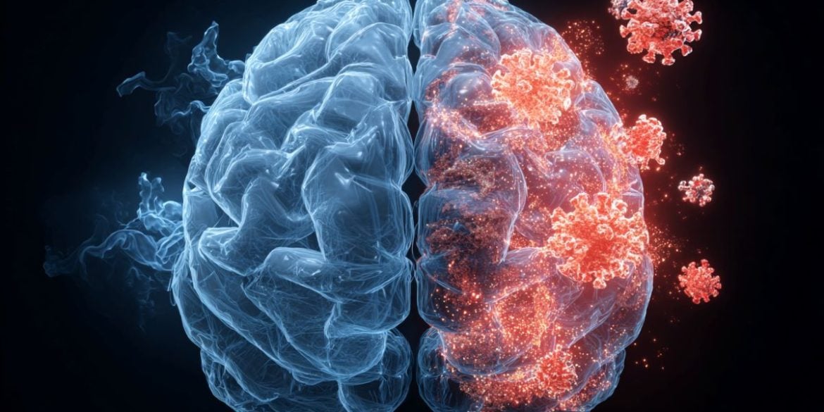 This shows a brain surrounded by the COVID virus