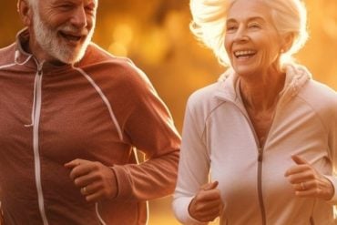 This shows an older couple running.