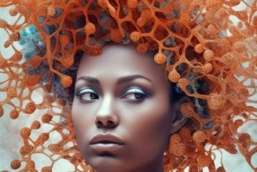 This shows a woman with cell structures in her hair.