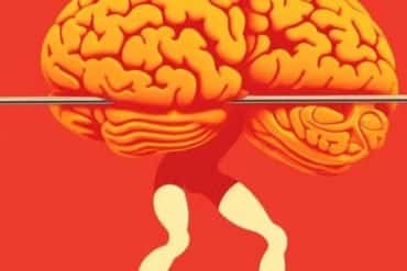 This shows a drawing of a brain lifting weights.