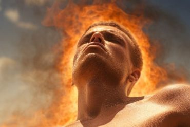 This shows a man surrounded by flames.