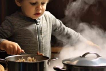 This shows a child by a stove.