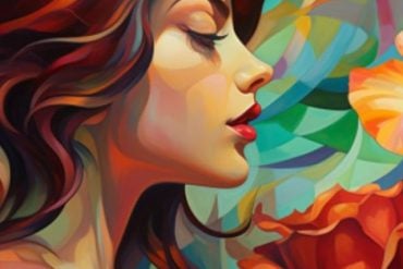 This shows a woman smelling a rose, surrounded by swirling colors.