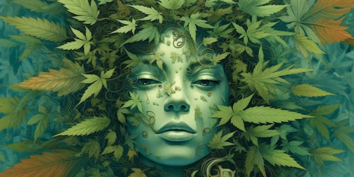 This shows a woman's head and leaves.