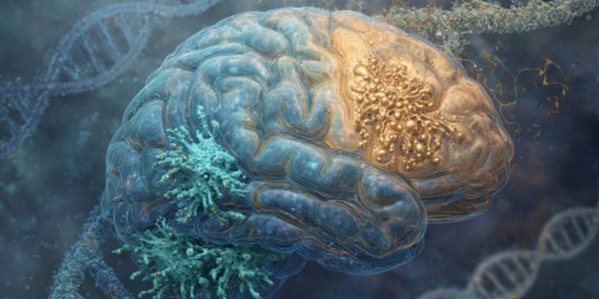 This shows a brain surrounded by DNA.