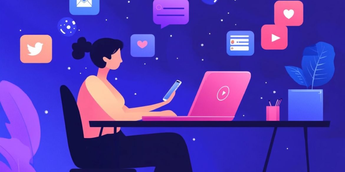 This shows a woman, a cell phone and laptop.