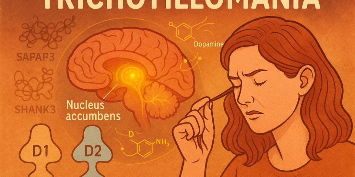 This illustration shows a woman pulling at her hair with a brain and the NAc highlighted. The dopamine structure is in the background.