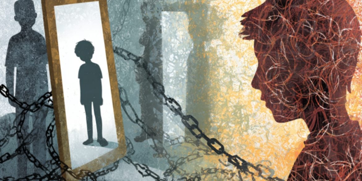 This shows the outline of a sad child, a child looking into the mirror and an ominous adult in the background. There are chains tying the child to the adult.