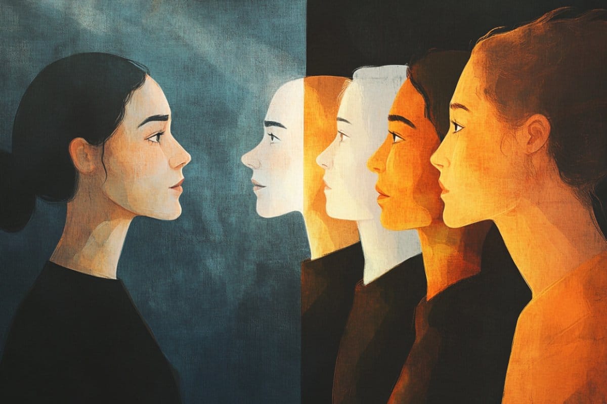 This shows a group of people and a person on their own.