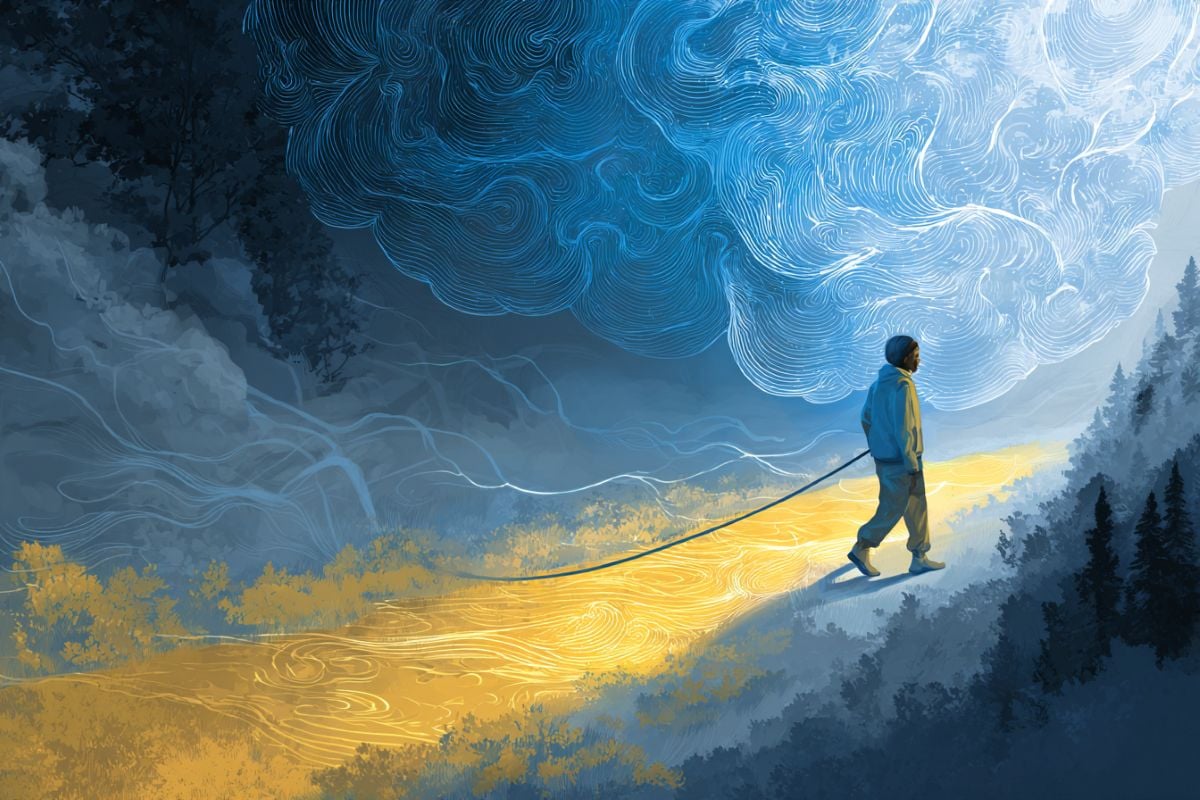 This shows a person walking on a path and a brain in the clouds.