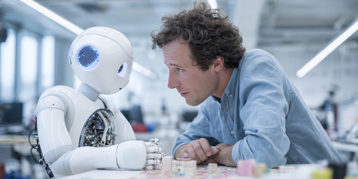 This shows a man making eye contact with a robot.