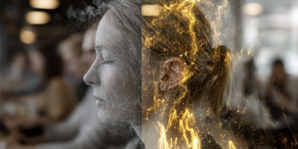 This shows a woman with her eyes closed and sound waves.