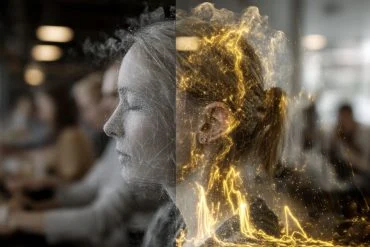 This shows a woman with her eyes closed and sound waves.