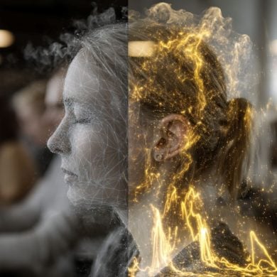 This shows a woman with her eyes closed and sound waves.